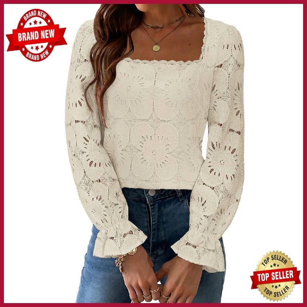 Embroidered Lace Crochet Boho Top Long Sleeve Square Neck Blouse